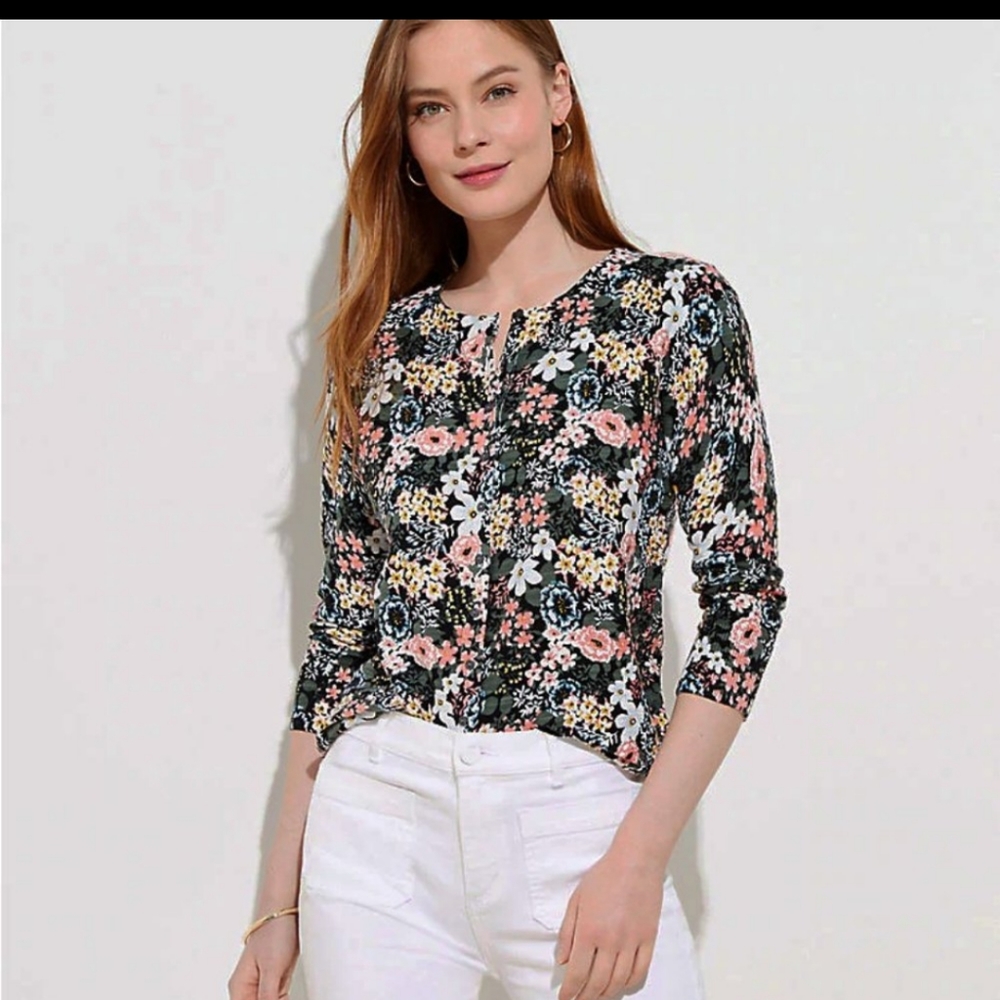 LOFT Floral Black Cardigan - Picture 1 of 4